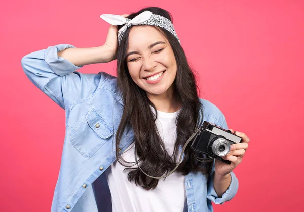 Emotional Expressive Happy Young Asian Girl Casual Stylish Denim Clothes — Stock Photo, Image