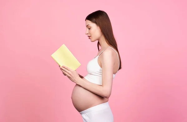 Profile Photo Calm Confident White Pregnant Woman Holding Book Future — Stock Photo, Image