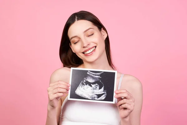 Pregnant Woman Her Baby Sonography Happy Expectant Lady Enjoying First — Stock Photo, Image