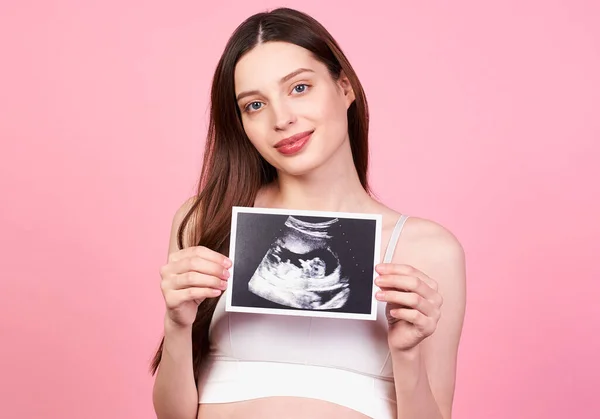 Image Smiling Pregnant Cute Young Caucasian Girl Dark Hair Blue — Stock Photo, Image