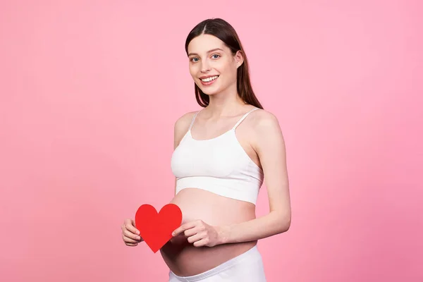 Calm Happy Beautiful Pregnant Girl Holding Red Paper Heart Her — Stock Photo, Image