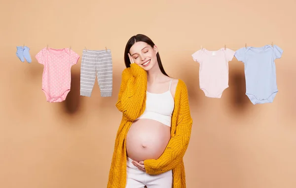 Image Beautiful Young Cute Pregnant Emotional Woman Posing Isolated Pink — Stock Photo, Image
