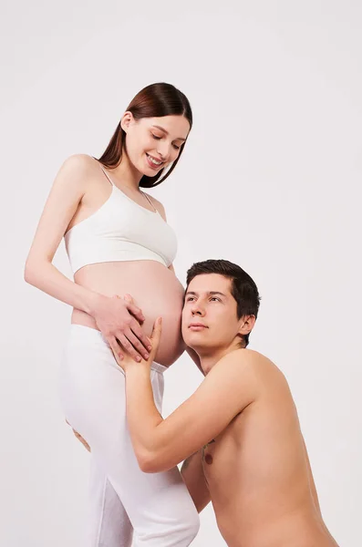 Vertical Shot Handsome Courageous Man Clothes Sitting Next Belly His — Stock Photo, Image