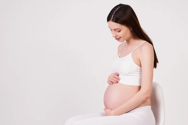 Pretty Smiling Sweet Tender Sensual Pregnant Girl White Top White — Stock Photo, Image