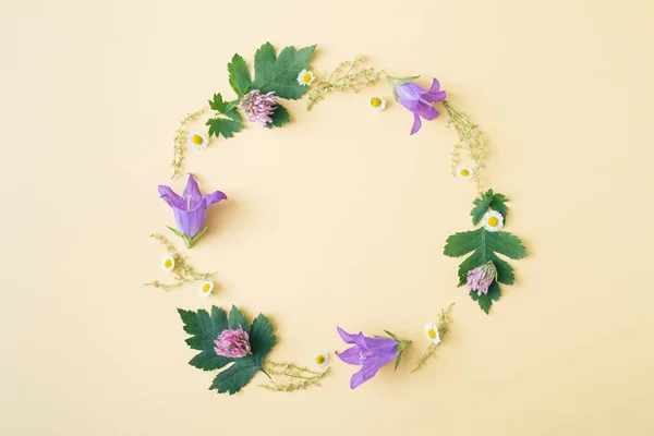Summer blossom composition. Circle of purple flowers and green leaves on light yellow background . Copy space.