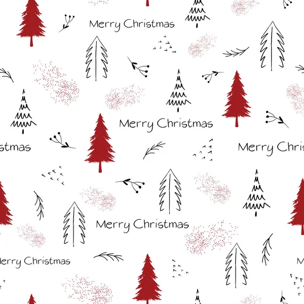 Merry Christmas pattern in black and red with text and christmas trees on white background. Seamless repeat christmas pattern for print, textile design or paper projects. Vector illustration.	
