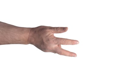 Beyaz arka planda farklı jestler gösteren bir adamın eli farklı jestler gösteriyor.