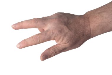 Bir şeye uzanmaya ya da yakalamaya çalışan bir adamın sağ arka eli. Kaçamak, dokunmatik işaret. Sola doğru uzanıyor. beyaz arkaplanda izole