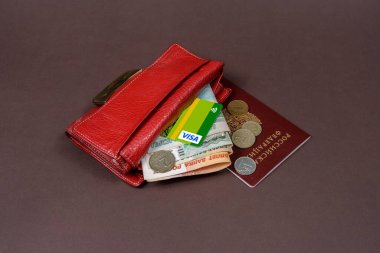 Cüzdan, pasaport Rus rublesi kredi kartı vizesi, gezi turu, tatil, turizm