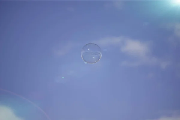 soap bubbles flying in the blue sky in spring