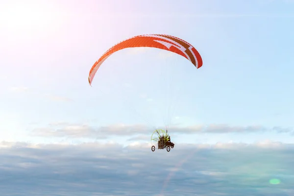 Multi Colored Paraglider Motor High Sky Overhead — Stock Photo, Image