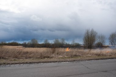 Bahar akşamları otobanın yanında kuru otlar yanar.