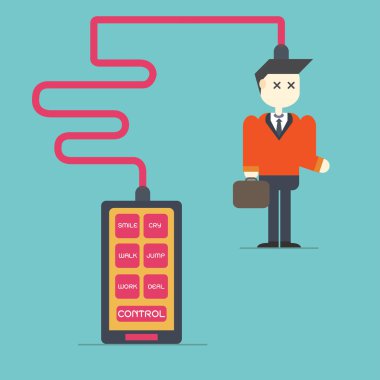 Akıllı telefon bağımlılığı, denetim işadamı, vektör, illüstrasyon.