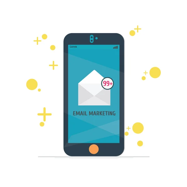 Vektör hareket eden app - e-posta pazarlama ve promosyon, smartphone.