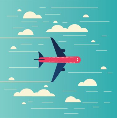 Vektör mavi gökyüzünde bulutlar üzerinden uçan uçak