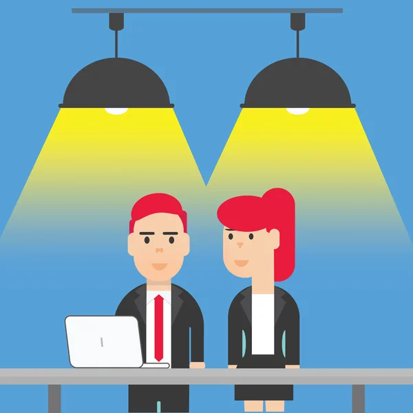 Oturma masaüstü ve dizüstü bilgisayarda çalışan erkek ve kadın karakter. Vektör çizim