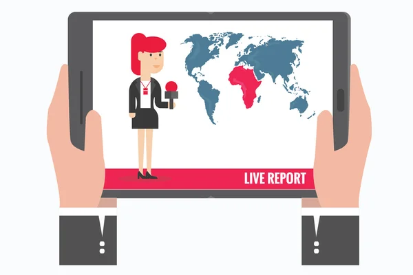 Hands holding the tablet watching a report that woman journalist,vector,illustration. — Stock Vector