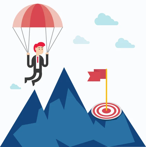 Homme d'affaires atterrissant sur une cible avec un parachute — Image vectorielle