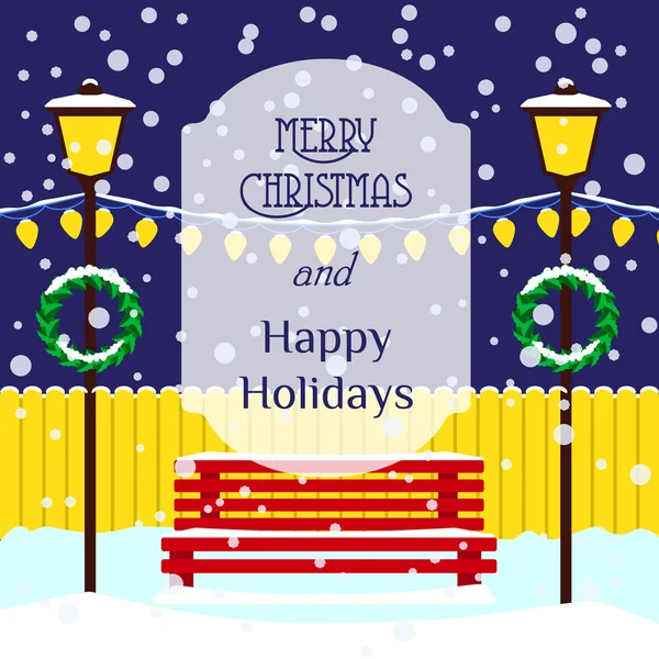 Boże Narodzenie ilustracja z ławki, oświetlenie, wieńce, zaspy, płatki śniegu, napis Wesołych Świąt i Happy holidays. — Wektor stockowy