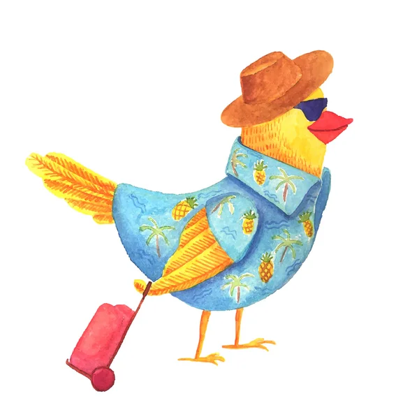Ilustración de acuarela vectorial. Pájaro en una camisa hawaiana, sombrero, gafas de sol con una maleta de vacaciones . — Archivo Imágenes Vectoriales