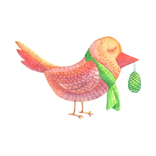 Ilustración de aves en la llave que contiene un huevo de Pascua. Acuarela — Vector de stock