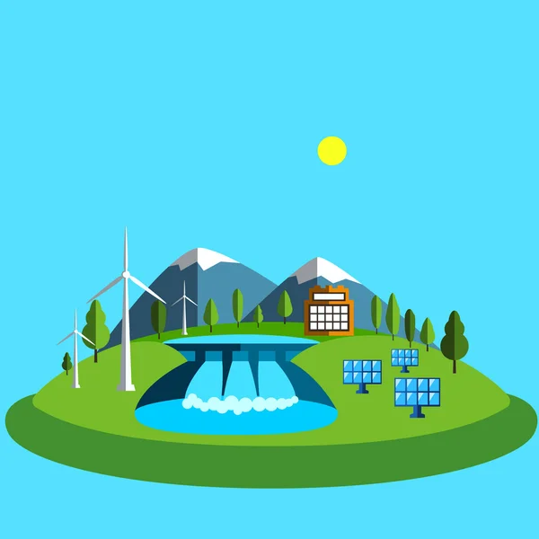 Vector illustration  with green energy. Wind turbines, hydroelectric power, solar panels, power, nature. — Stock Vector