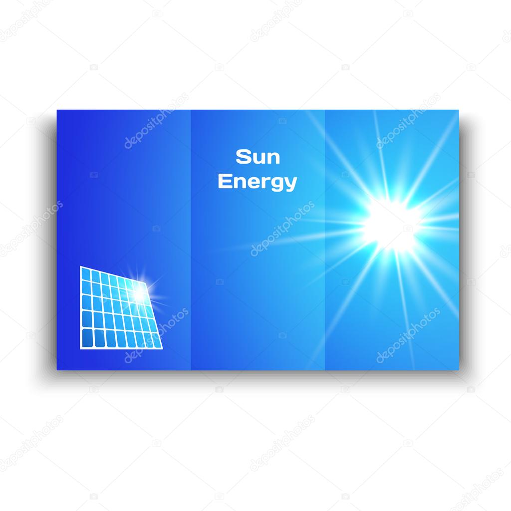 Vector illustration of a brochure with solar panels and sun on the sky background.