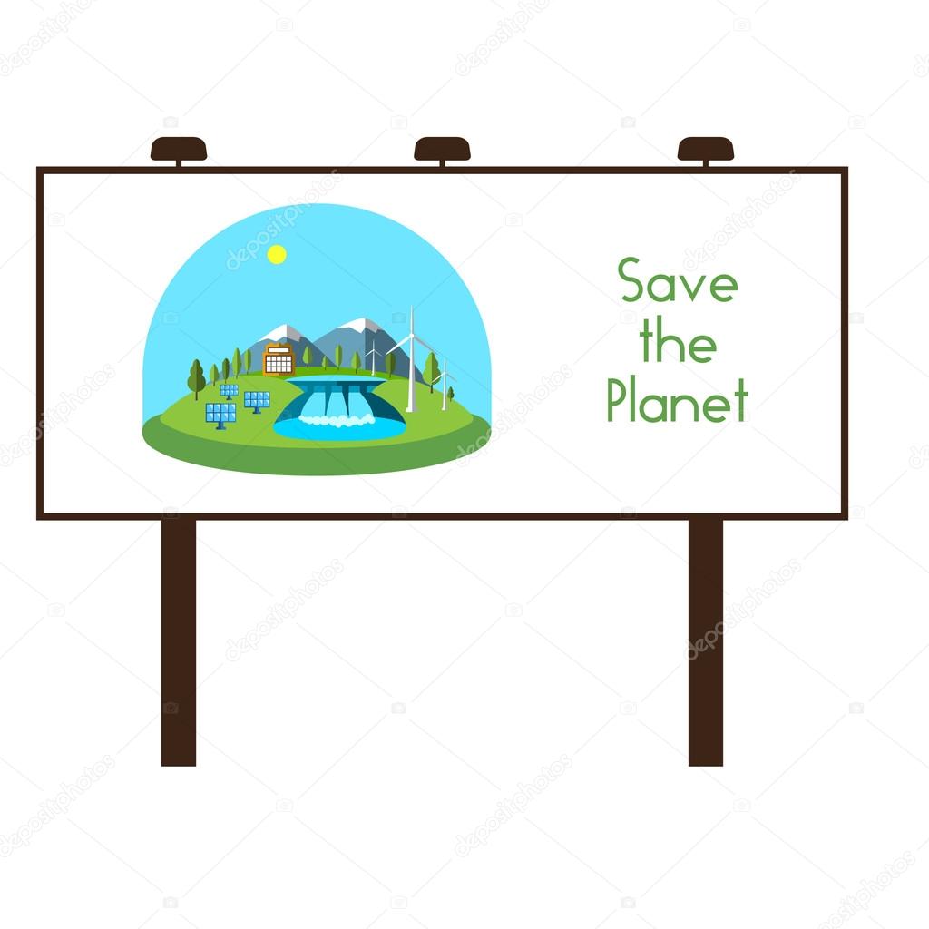 Vector illustration bilboard with green energy. Wind turbines, hydroelectric power, solar panels, power, nature.