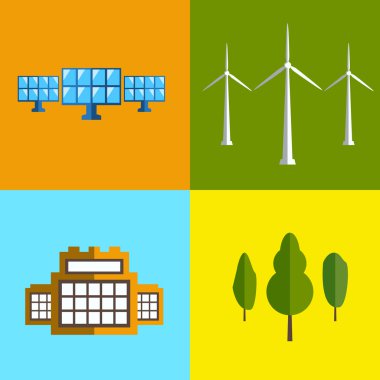 Yeşil enerji ile bir başlık vektör Illustration. Rüzgar türbinleri, hidroelektrik enerji, güneş panelleri, güç, doğa.