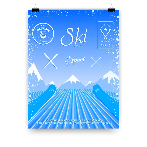 Une affiche avec une photo d'un skieur qui descend du sommet de la montagne. Illustration vectorielle d'une station de ski . — Image vectorielle