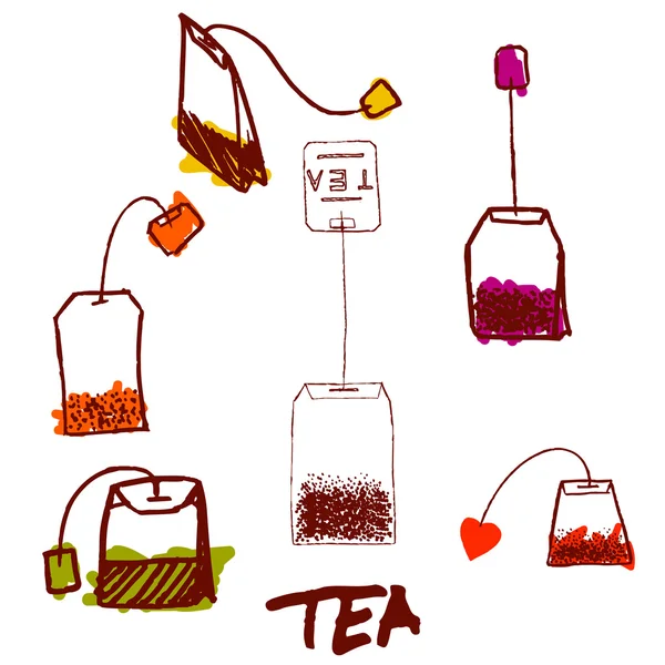 Bolsa de té con etiqueta. Dibujar a mano vector ilustración  . — Archivo Imágenes Vectoriales