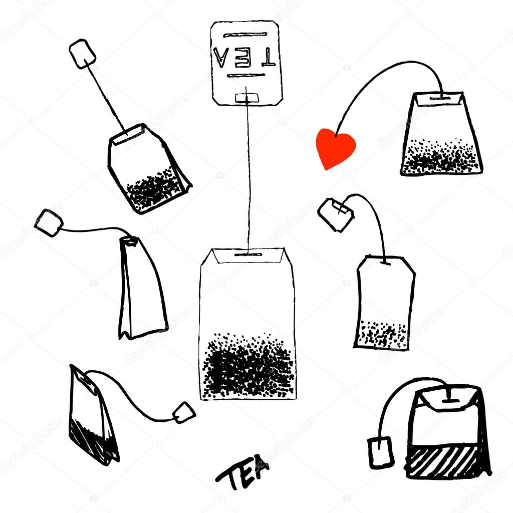 Tea bag with tag . Hand draw vector illustration .
