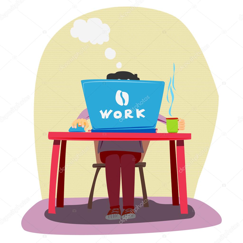 Freelancer. A man working at a computer. Vector illustration