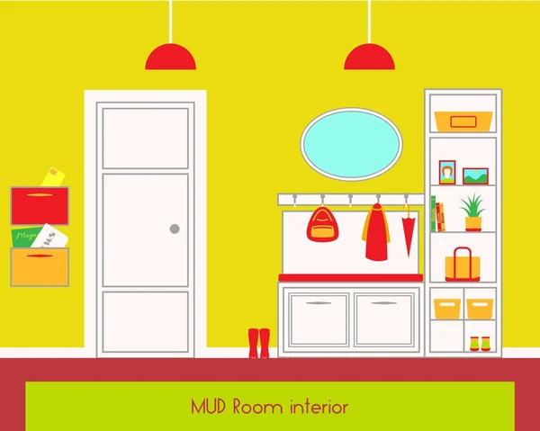 Entrance hall with storage cupboard, couch, mirror, hooks, carpet, boxes for mail, door. — Stock Illustration Entrance hall with storage cupboard, couch, mirror, hooks, carpet, boxes for mail, door. Vector Graphics