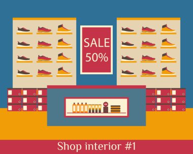 Interior of shop of shoes. Flat vector illustration. clipart