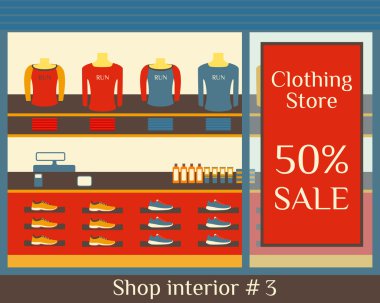 Giyim mağazası. Trendy butik. Düz vektör çizim.