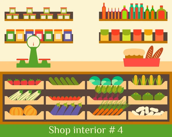 Vektorové ilustrace vnitřní bytové obchod potravin a nápojů. — Stockový vektor
