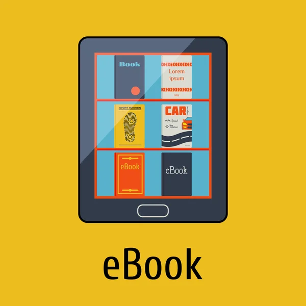 Czytnik E-book. Biblioteki. Elektroniczne książki. Ilustracja wektorowa — Wektor stockowy