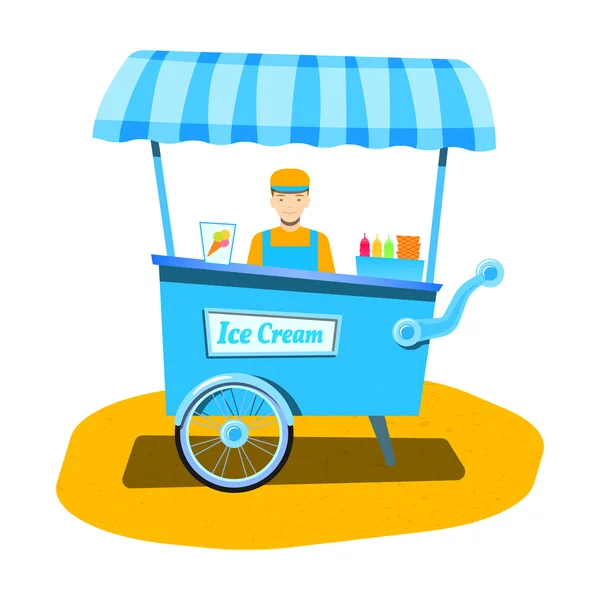 Satıcı dondurma. Dondurma arabası. Tasarımınız için düz vektör çizim.
