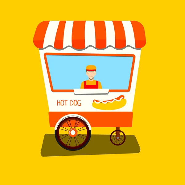 Hot dog vendeur. Chariot de hot-dog. Illustration vectorielle plate pour votre design . — Image vectorielle