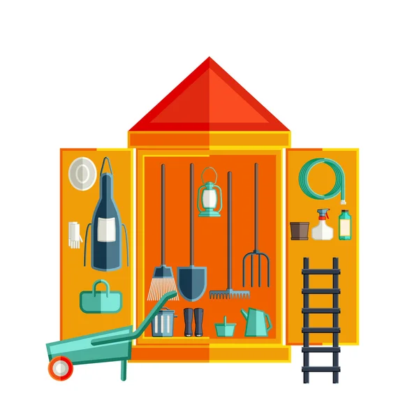 Stockage d'outils de jardin. hangars de stockage. Illustration vectorielle plate . — Image vectorielle