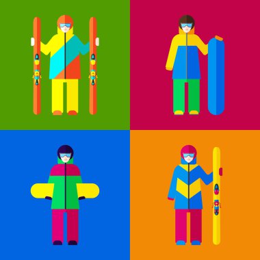 Kayak ve snowboard kadınla. Vektör çizimler kümesi.