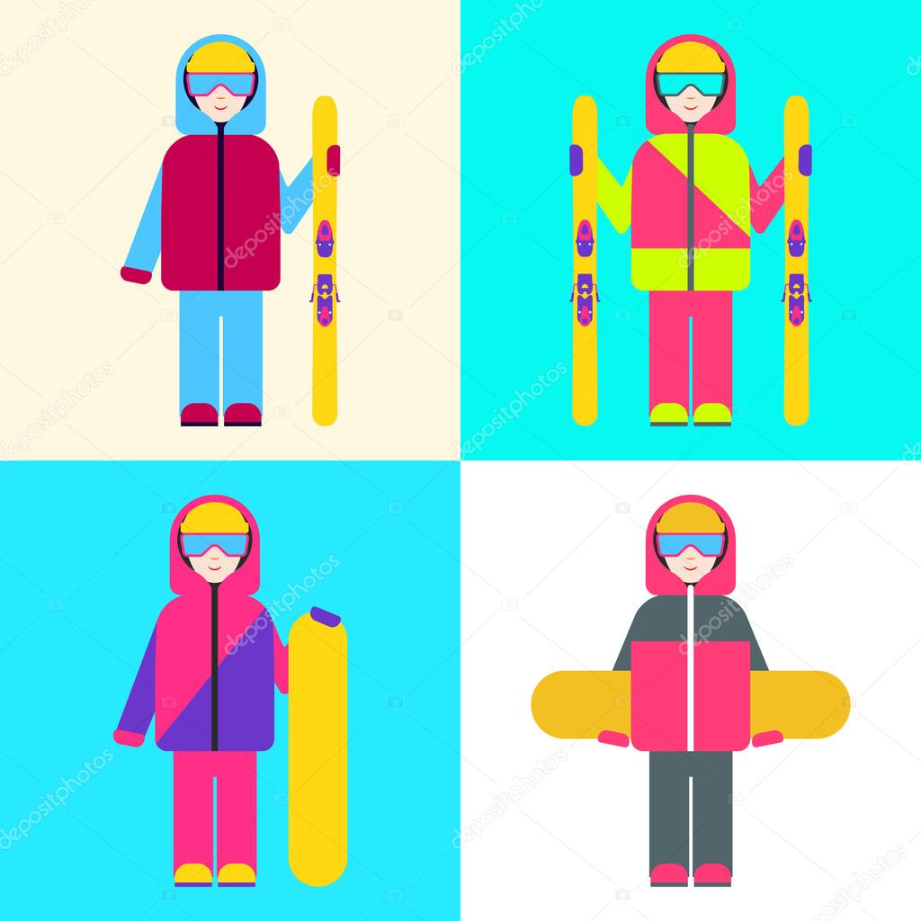 Boy with skis and snowboards. Set of vector illustrations.