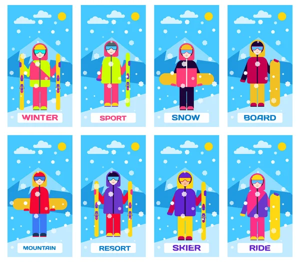 Gente en trajes con esquís y tablas de snowboard. Conjunto de ilustraciones vectoriales . — Archivo Imágenes Vectoriales