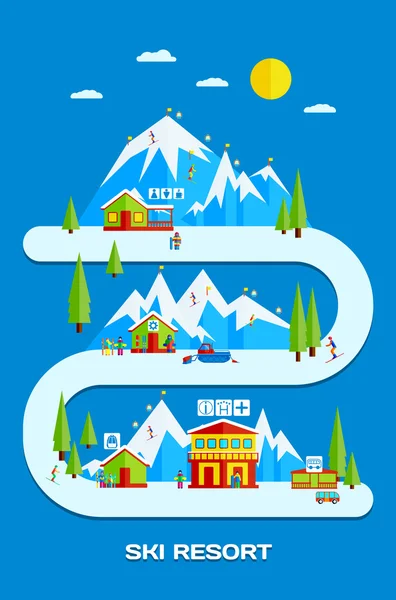 Kayak Merkezi. Düz vektör çizim kayakçılar, snowboard, resort altyapı ile.