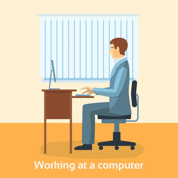 Man aan het werk op desktop computer. — Stockvector