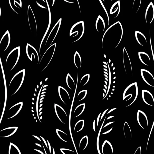 无缝对比图案 黑色背景上的植物的白色茎和叶子 无穷无尽的例证 — 图库照片
