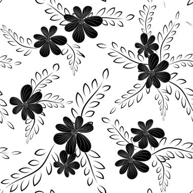 Kusursuz desenler. Beyaz arka planda siyah çiçekler ve zarif taç yaprakları. Karşıt sonsuz çizim.