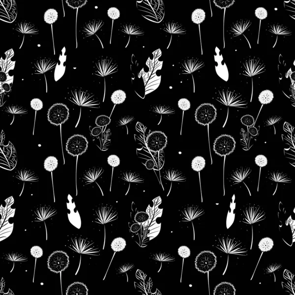 Seamless patterns. Dandelions, seeds and leaves on a black background. Contrast endless illustration.