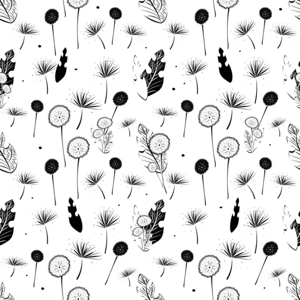 シームレスなパターン 白い背景にタンポポ 種子や葉の黒いシルエット 対照的な無限のイラスト — ストック写真